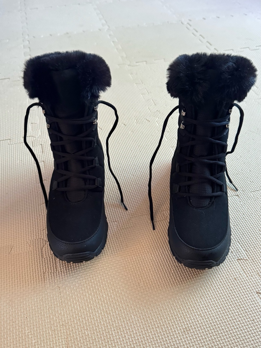 Lands' End Black Lace-Up Faux Fur Winter Boots
